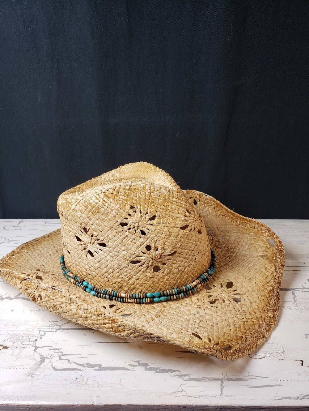 Distressed Style Straw Cowboy Hat with Faux Turquoise Beaded Hatband - OS Unisex - Picture 2 of 14